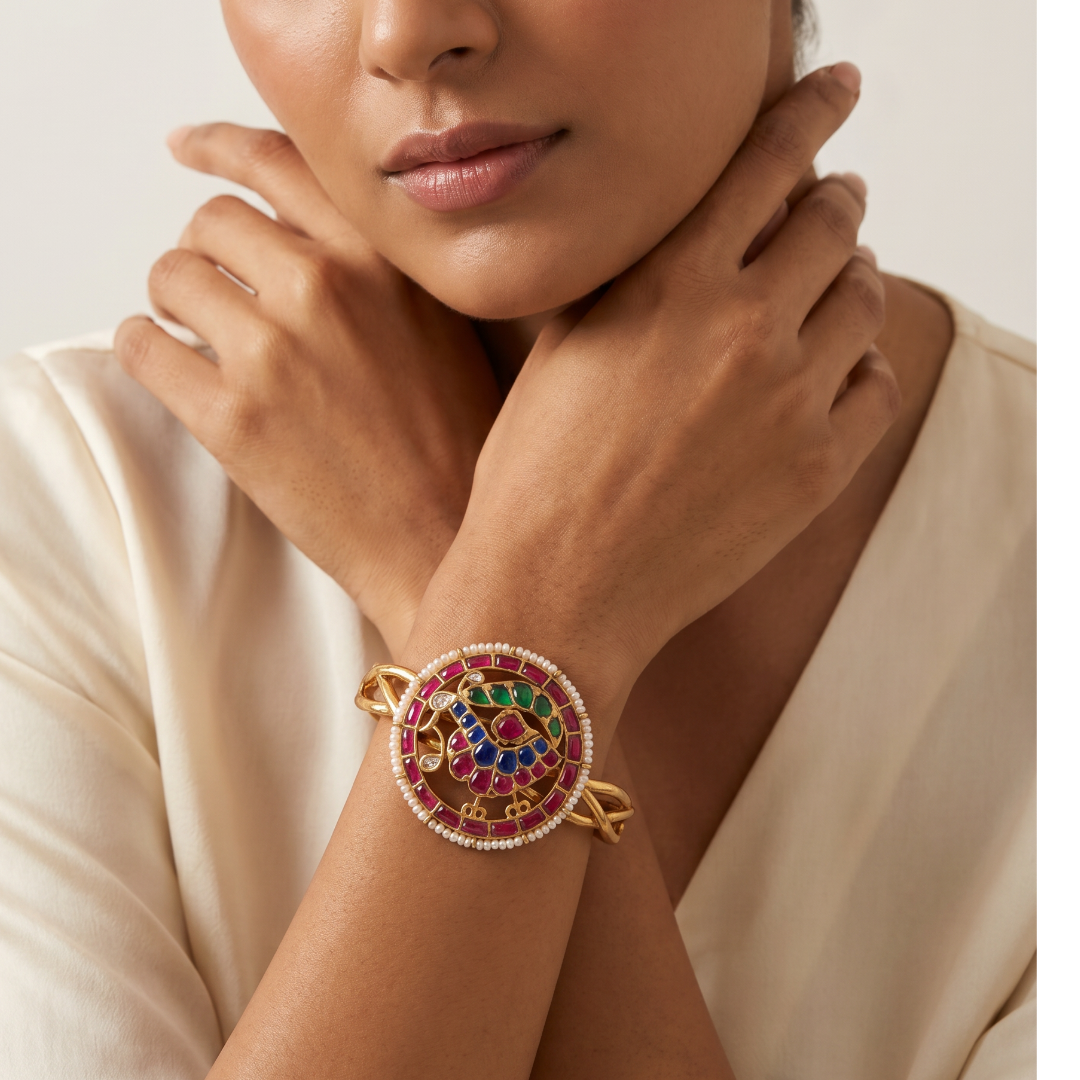 Full Circle — Navratna Kundan Bracelet in Gold Plated Silver