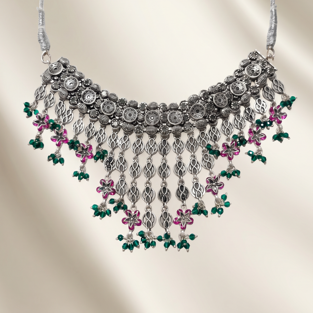 Full Cascade — Jali Floral Choker in Oxidised Silver