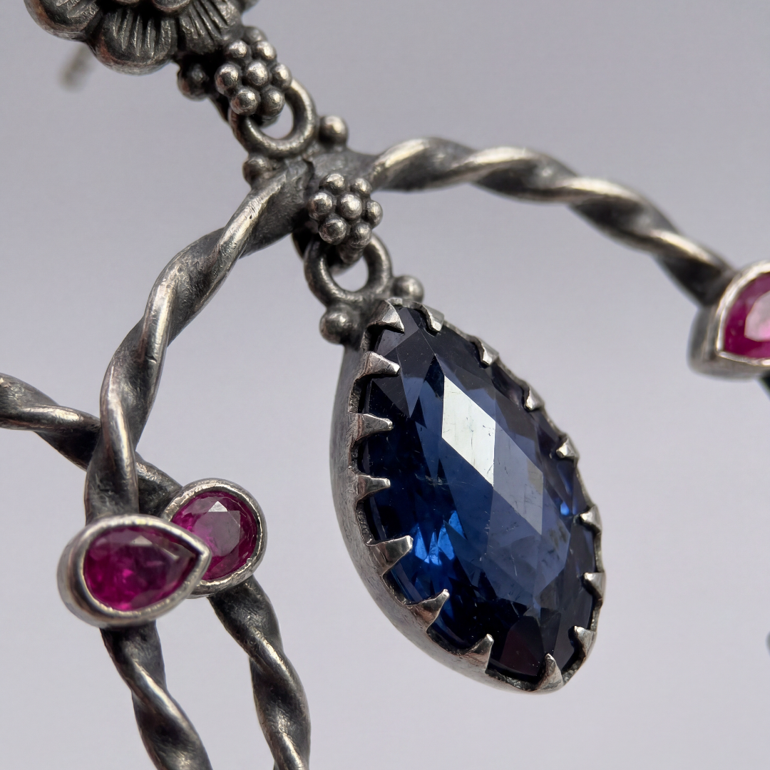 Full Circle — Floral Hoop Earrings with Ruby & Sapphire in Oxidised Silver