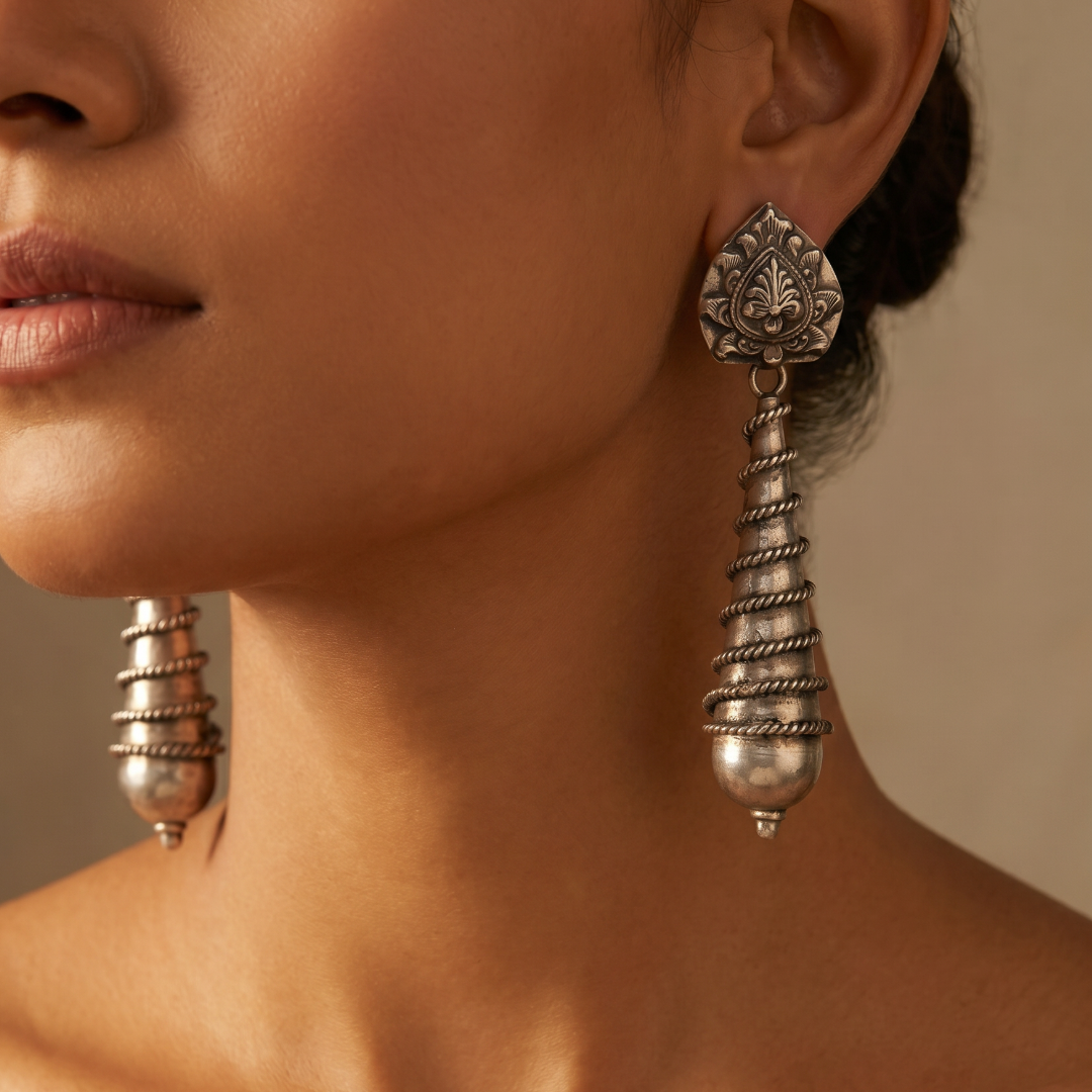 Coiled Up — Lotus Stud Long Drop Earrings in Oxidised Silver