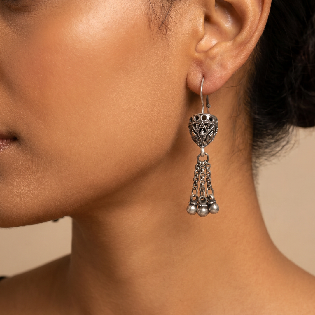 Little Riot — Jali Dome Chain-Tassel Earrings in Oxidised Silver