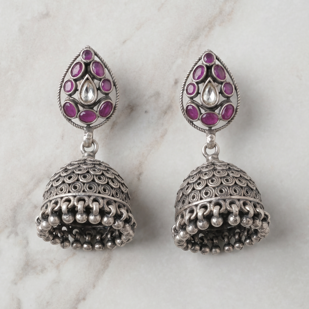 Full Drama — Ruby & Kundan Jhumka in Oxidised Silver