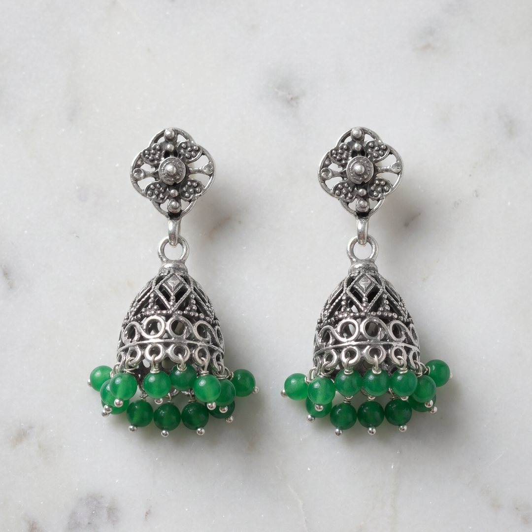 Goes With Everything — Jali Jhumka in Oxidised Silver with Green Beads