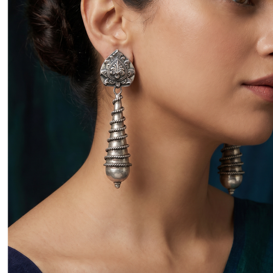 Coiled Up — Lotus Stud Long Drop Earrings in Oxidised Silver