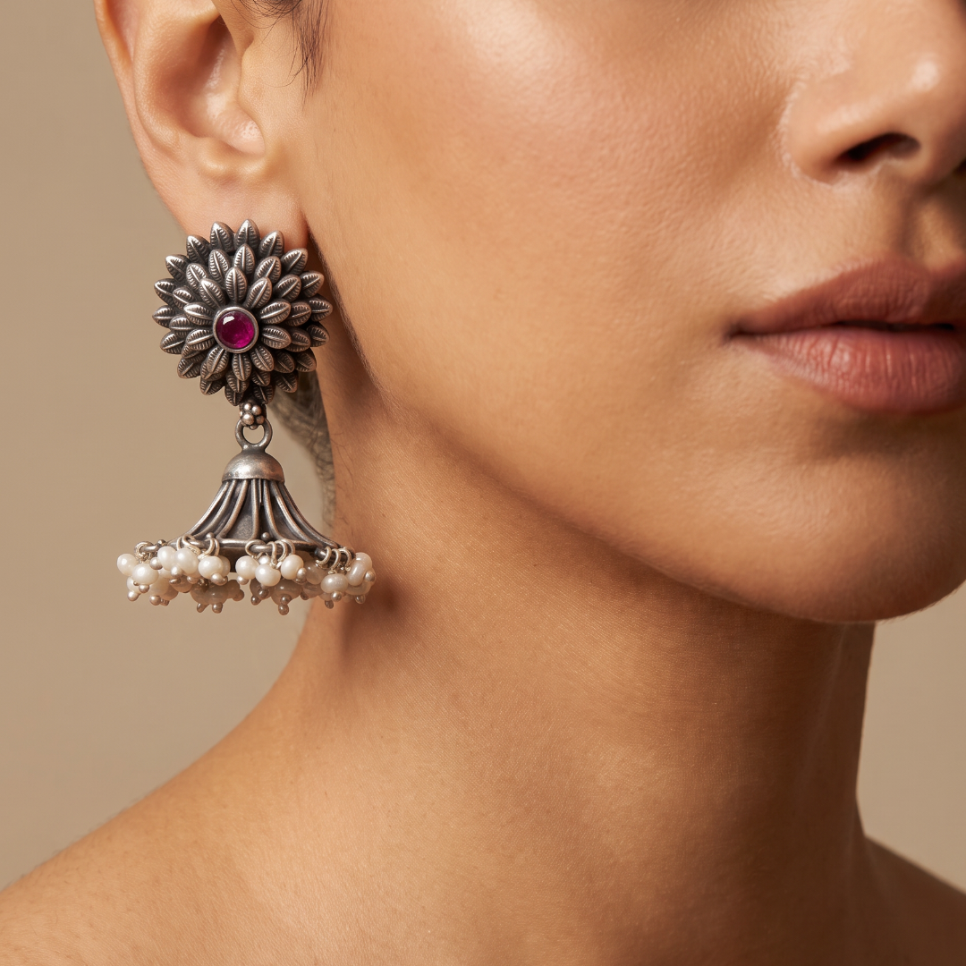 Full Bloom — Floral Jhumka with Ruby & Pearl Drops in Oxidised Silver