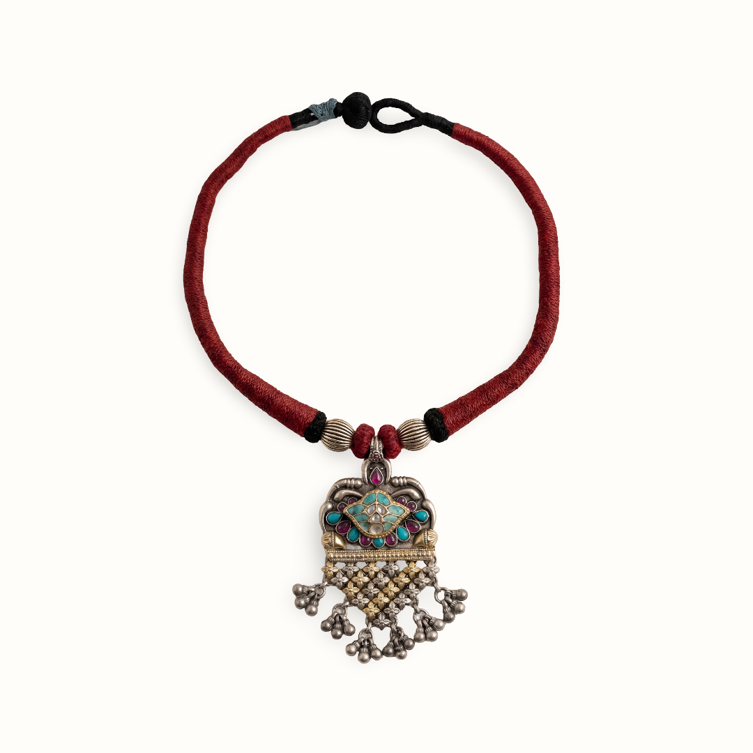 Red Thread Moment — Kundan Meenakari Pendant Necklace in Oxidised Silver