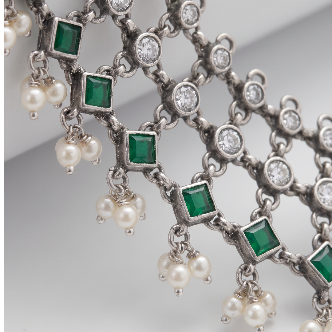 Net Worth — Jali Choker with Emerald & Pearl in Oxidised Silver