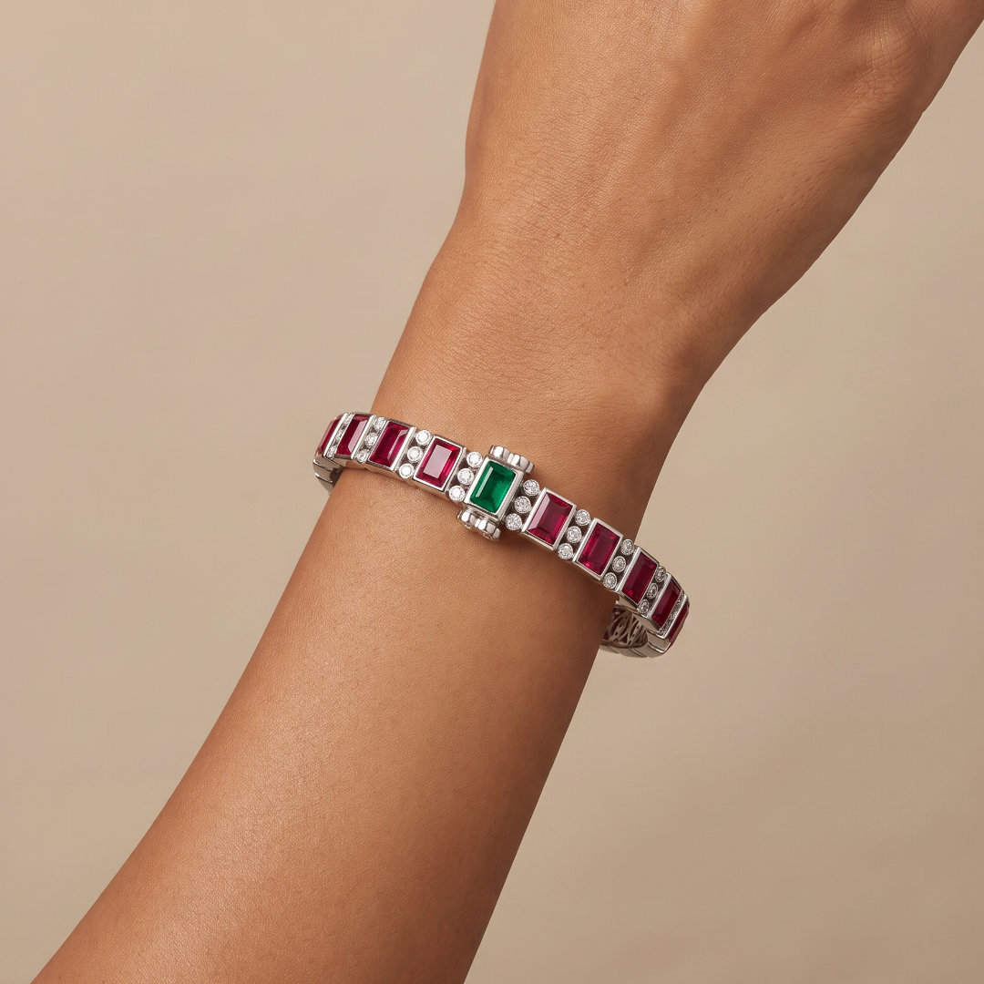 Row on Row — Ruby & Emerald Kundan Kada in Oxidised Silver