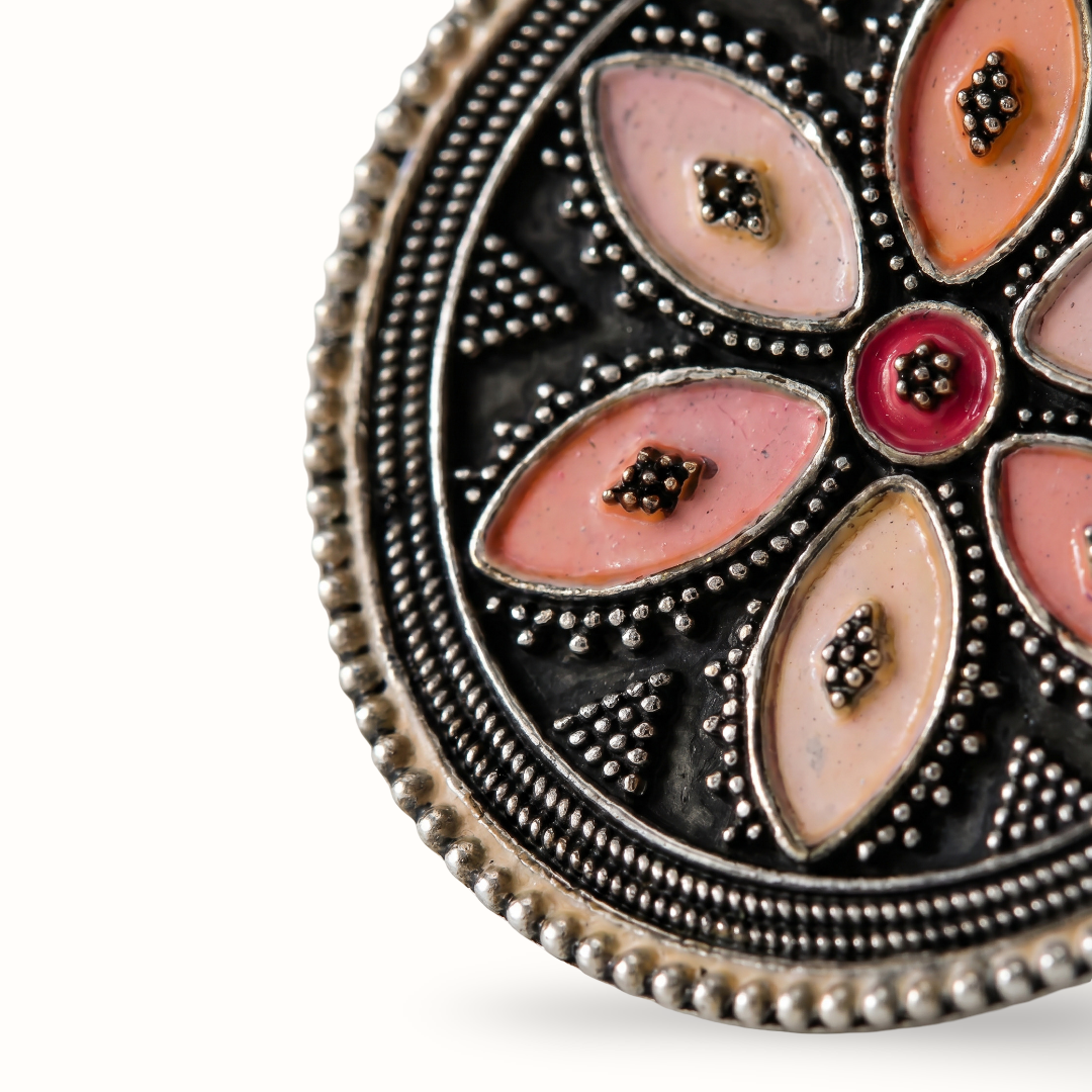 Fully Bloomed — Meenakari Floral Ring in Oxidised Silver