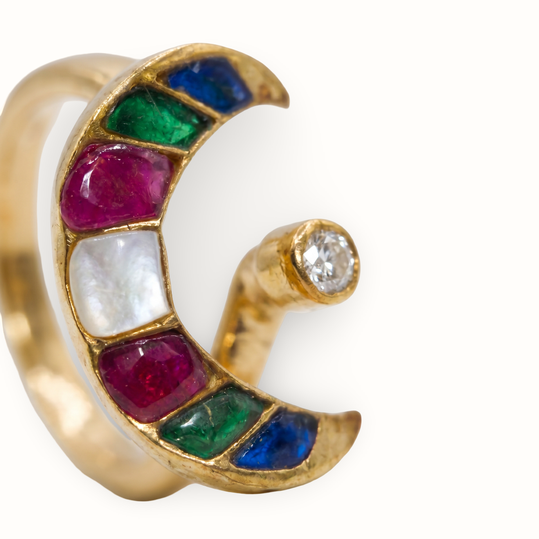 Chand Se Yaar — Navratna Crescent Ring in Gold Plated Silver