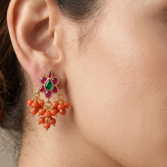 Garden Party — Ruby Emerald Flower Stud Earrings with Coral Drops in Gold Plated Silver