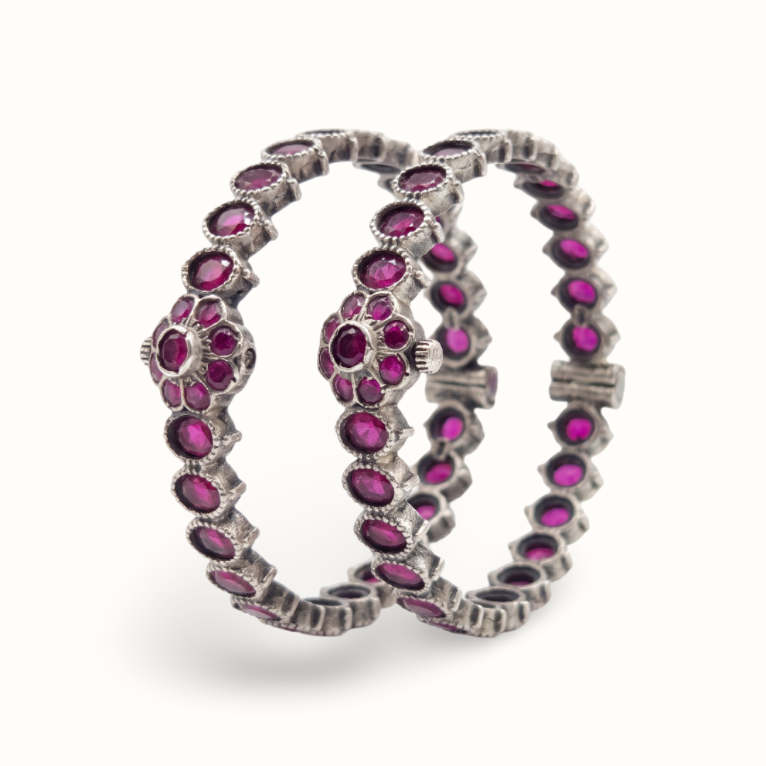 Ruby Tuesday — Oval Ruby Floral Bangle in Oxidised Silver