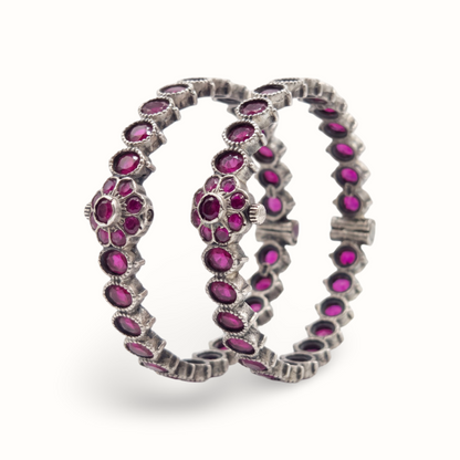 Ruby Tuesday — Oval Ruby Floral Bangle in Oxidised Silver