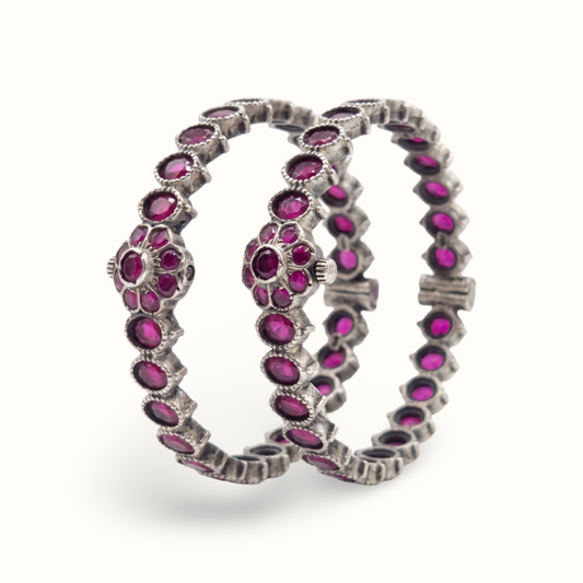 Ruby Tuesday — Oval Ruby Floral Bangle in Oxidised Silver