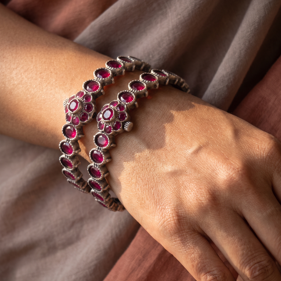 Ruby Tuesday — Oval Ruby Floral Bangle in Oxidised Silver