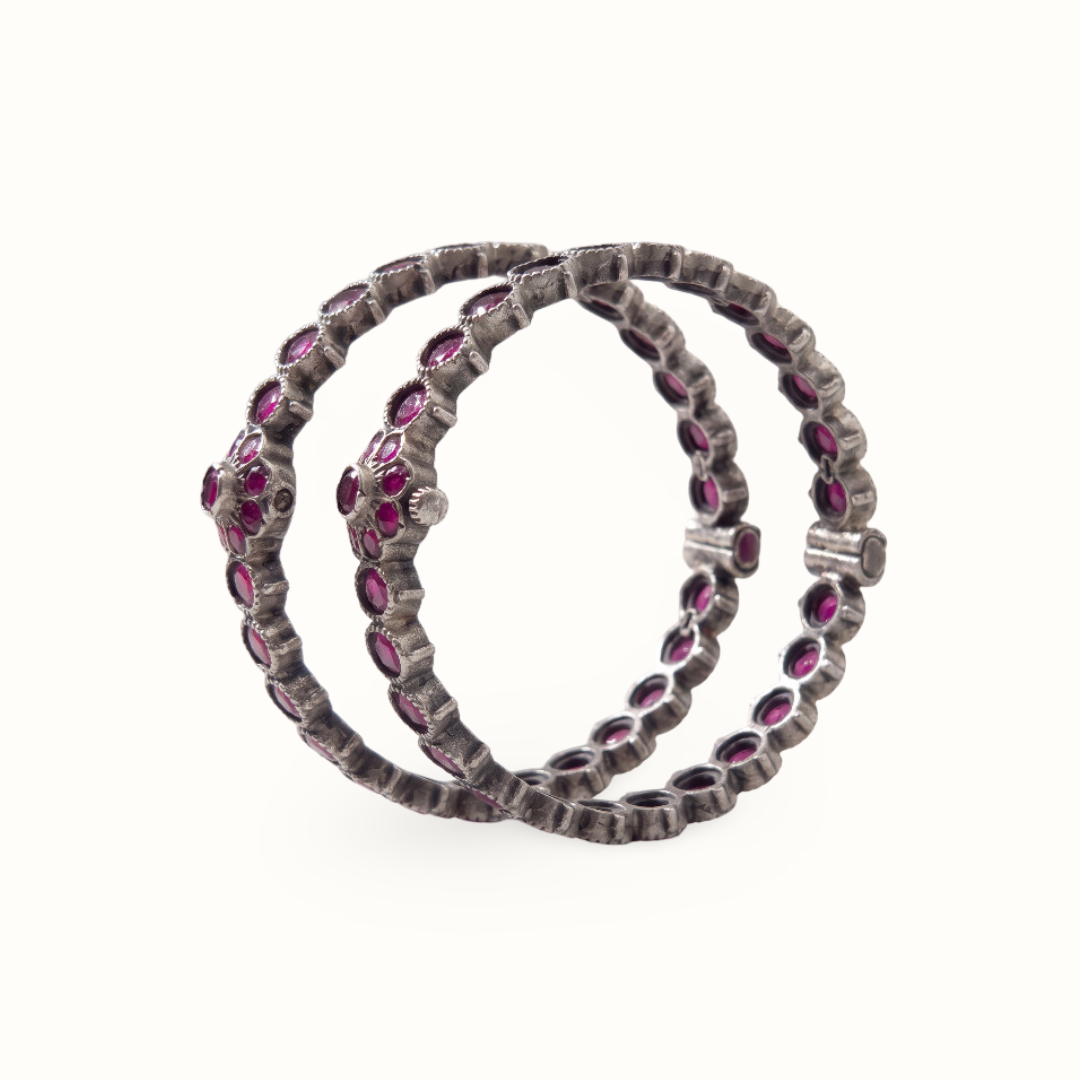 Ruby Tuesday — Oval Ruby Floral Bangle in Oxidised Silver