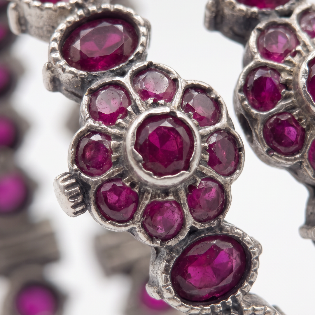 Ruby Tuesday — Oval Ruby Floral Bangle in Oxidised Silver