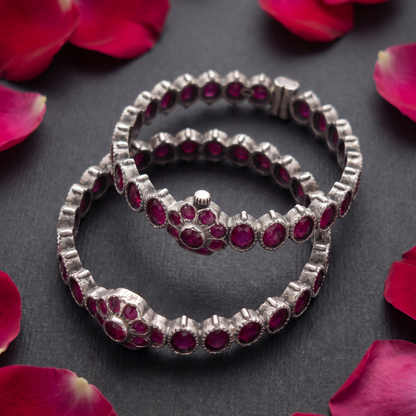 Ruby Tuesday — Oval Ruby Floral Bangle in Oxidised Silver