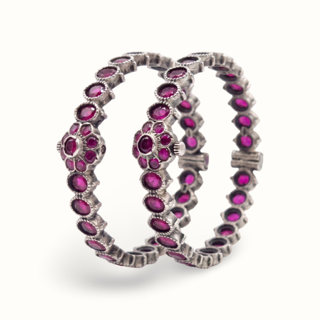 Ruby Tuesday — Oval Ruby Floral Bangle in Oxidised Silver