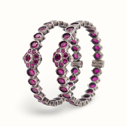 Ruby Tuesday — Oval Ruby Floral Bangle in Oxidised Silver