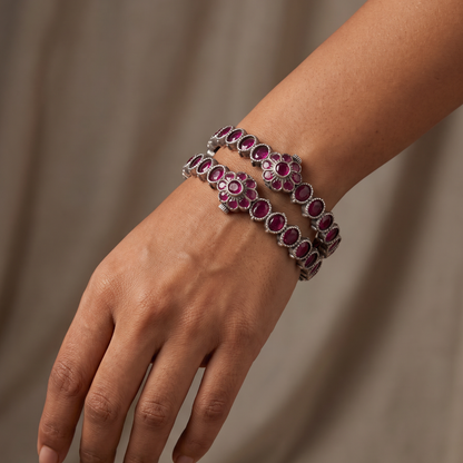 Ruby Tuesday — Oval Ruby Floral Bangle in Oxidised Silver