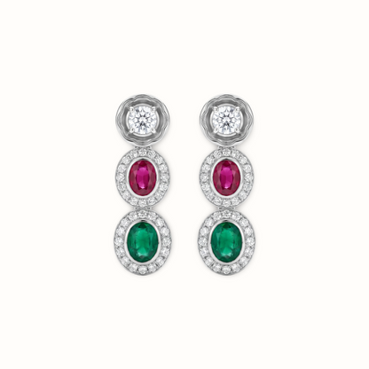 Triple Threat — Ruby Emerald Diamond Drop Earrings in Oxidised Silver