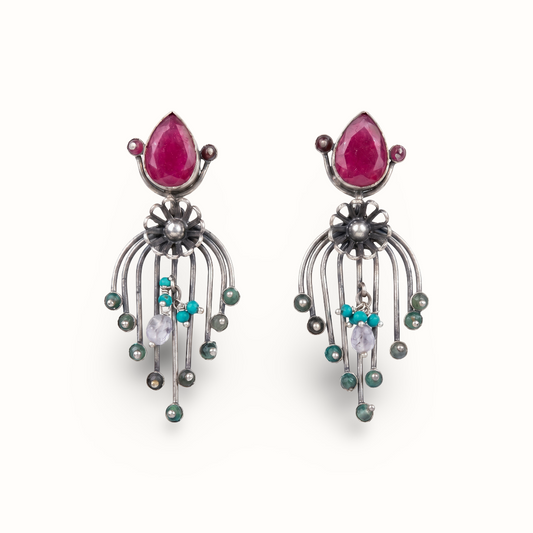Garden Party — Ruby & Firoza Floral Drop Earrings in Oxidised Silver