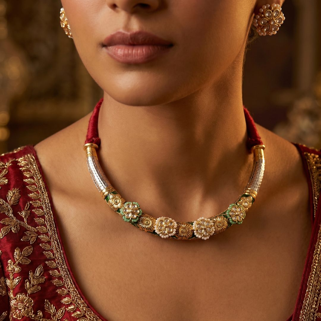 Full Bloom — Kundan Meenakari Hasli Set in Oxidised Silver