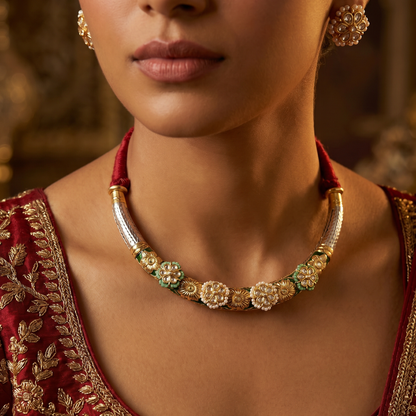 Full Bloom — Kundan Meenakari Hasli Set in Oxidised Silver