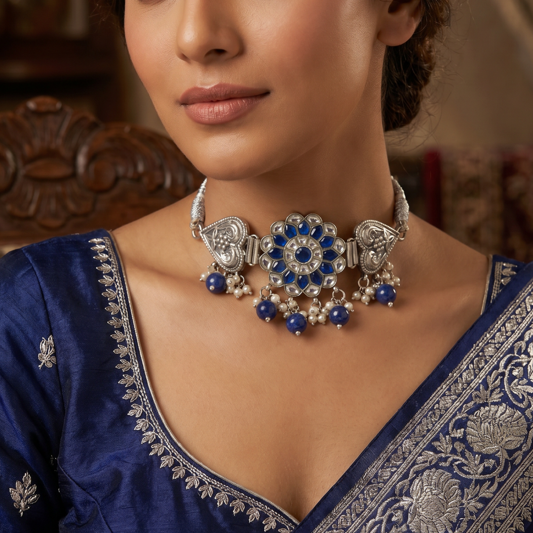Midnight Bloom — Kundan Floral Choker in Oxidised Silver