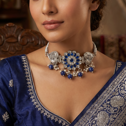 Midnight Bloom — Kundan Floral Choker in Oxidised Silver