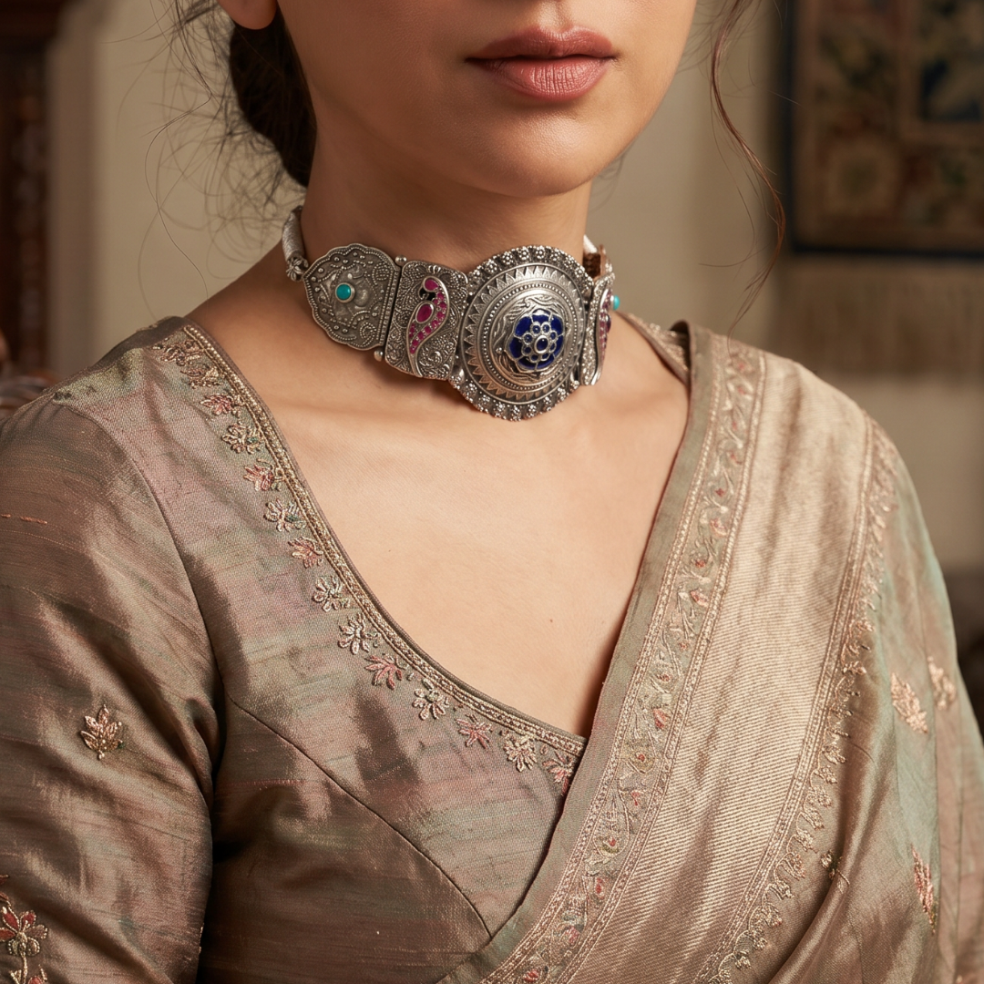 Centrepiece Energy — Meenakari Floral Choker in Oxidised Silver