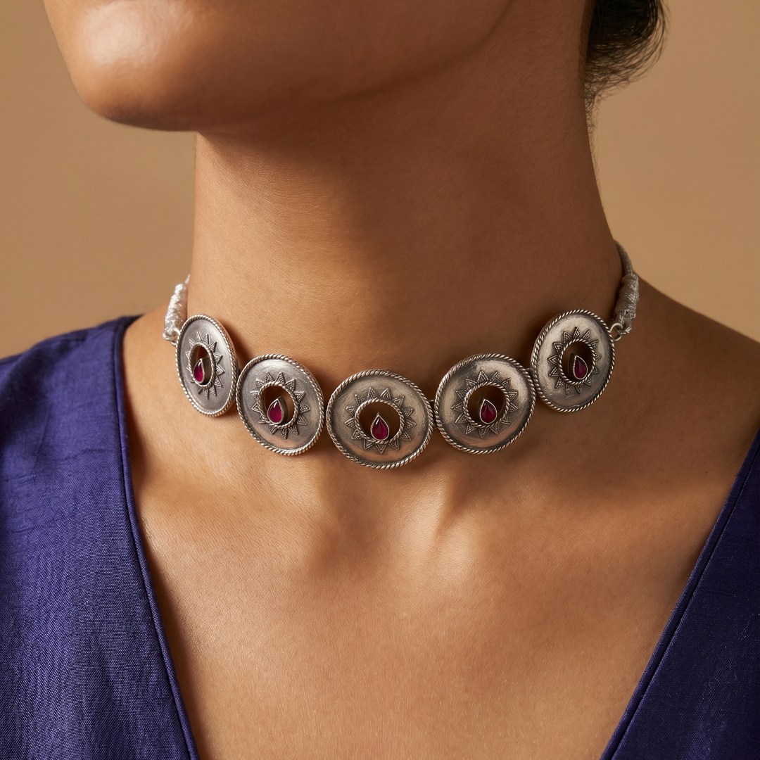 Five of a Kind — Sun Disc Choker in Oxidised Silver