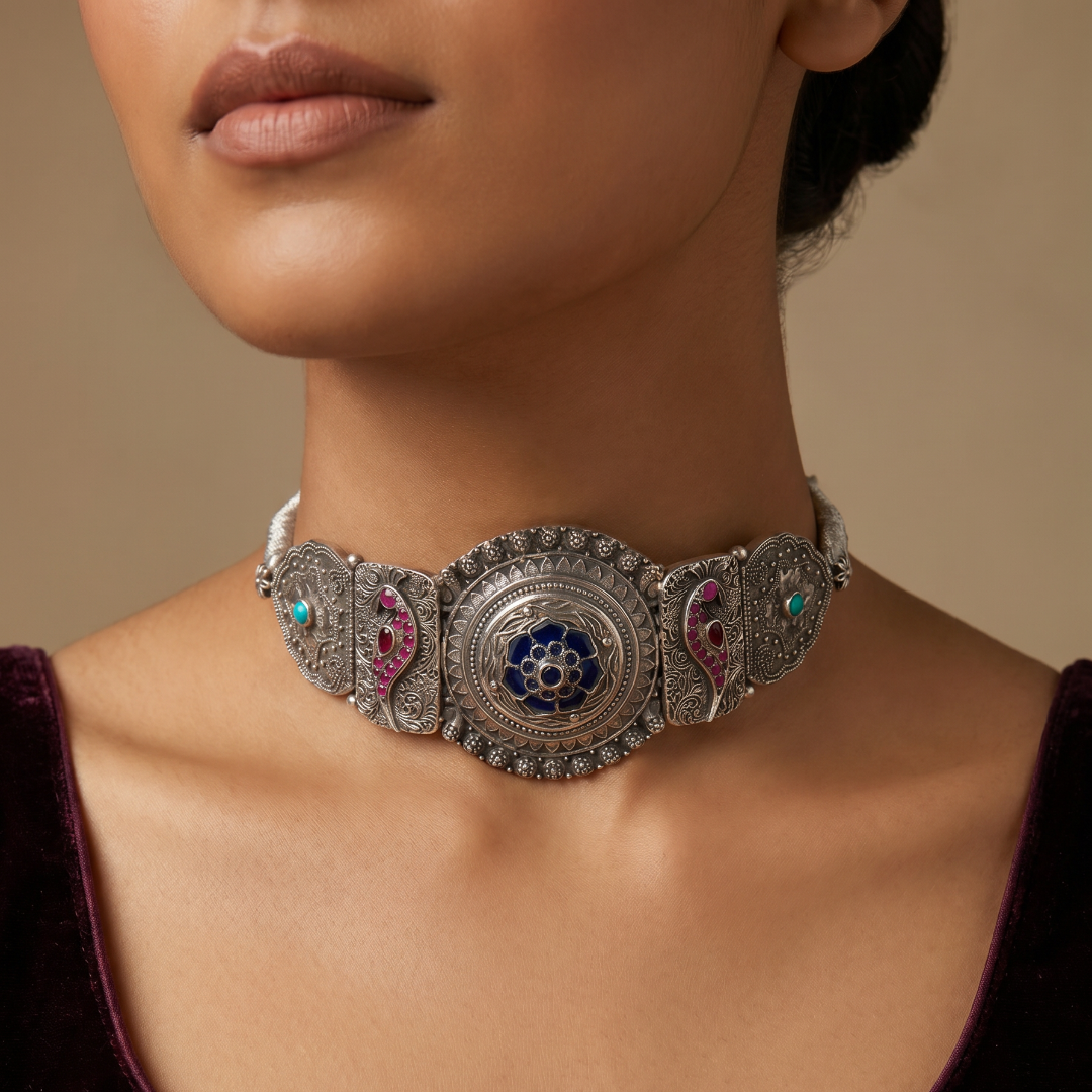 Centrepiece Energy — Meenakari Floral Choker in Oxidised Silver