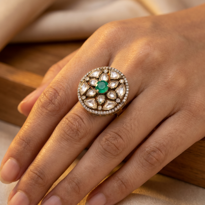 Centre of Attention — Kundan Floral Ring in Gold-Finish Silver