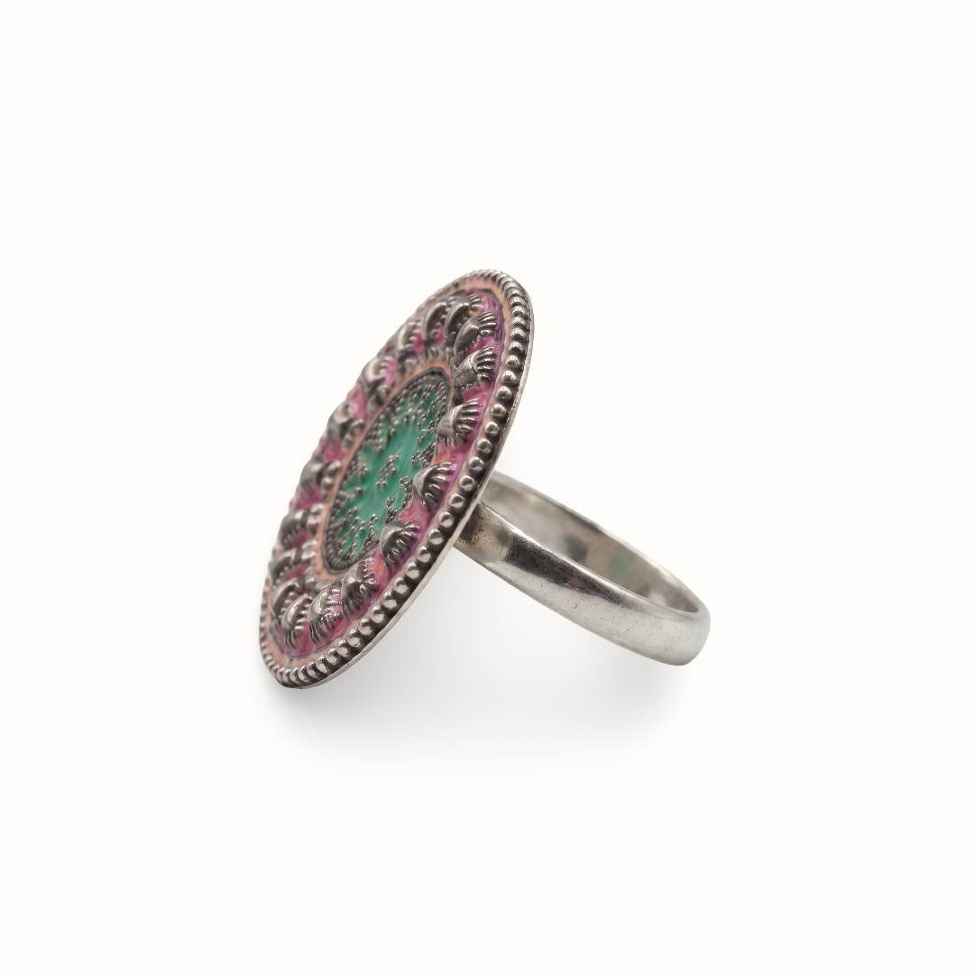 Loud and Round — Meenakari Disc Ring in Oxidised Silver