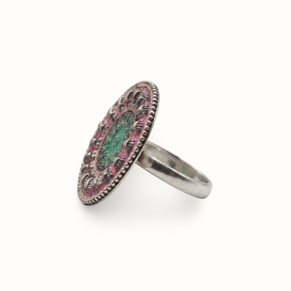 Loud and Round — Meenakari Disc Ring in Oxidised Silver