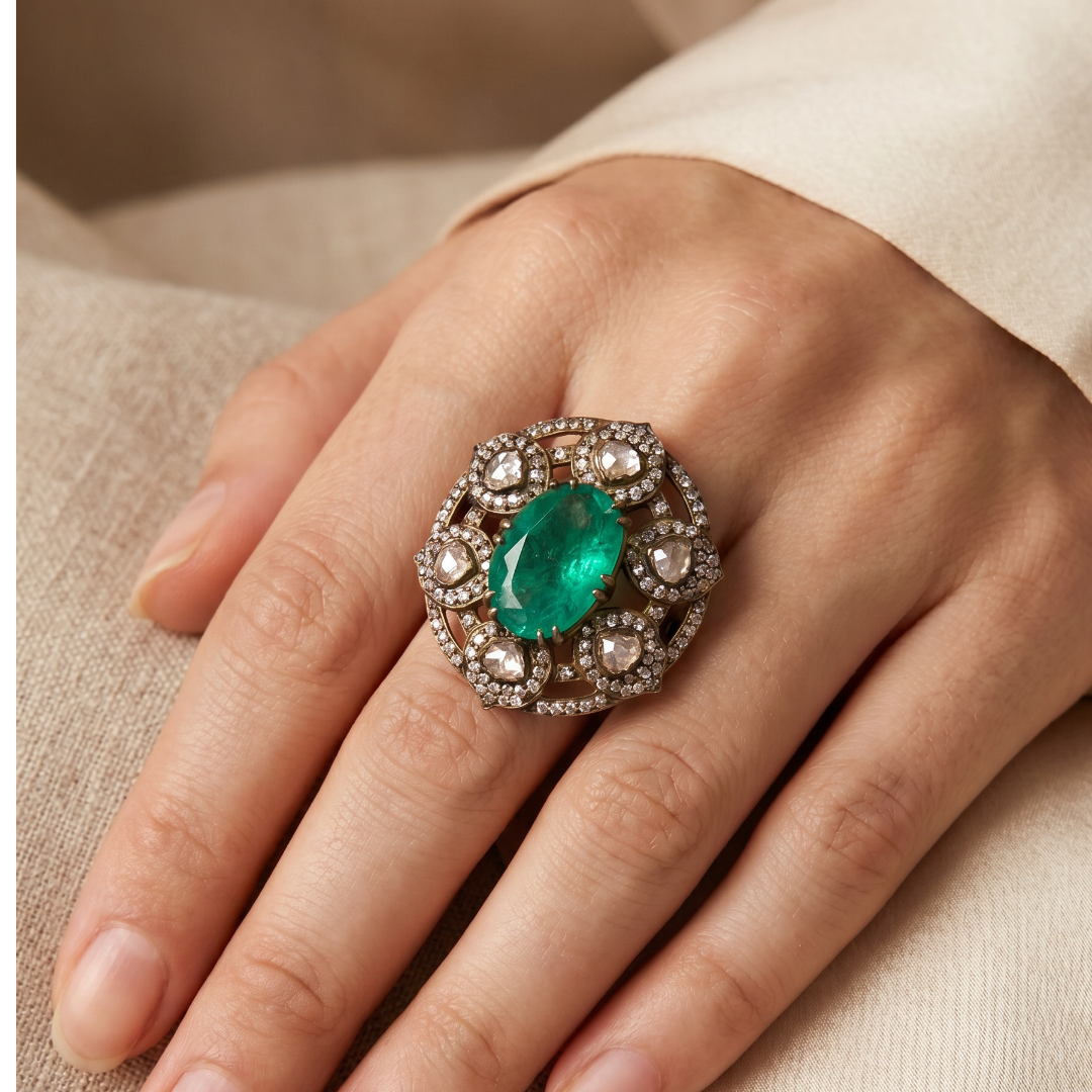 The Main Character — Victorian Emerald Cocktail Ring in Gold Plated Silver