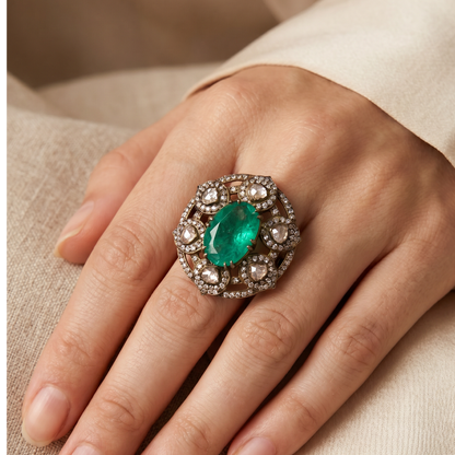 The Main Character — Victorian Emerald Cocktail Ring in Gold Plated Silver