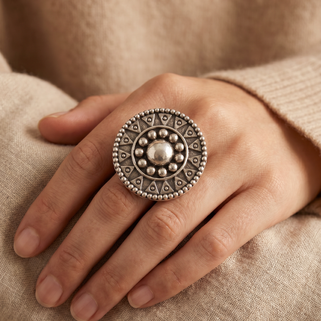 Face of the Sun — Tribal Disc Ring in Oxidised Silver
