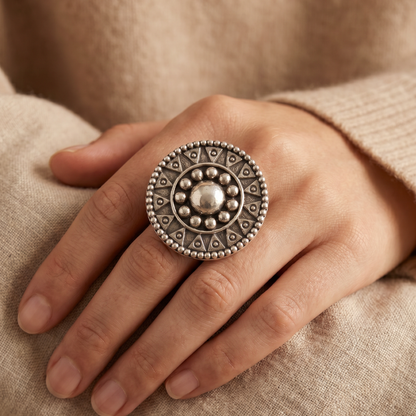 Face of the Sun — Tribal Disc Ring in Oxidised Silver