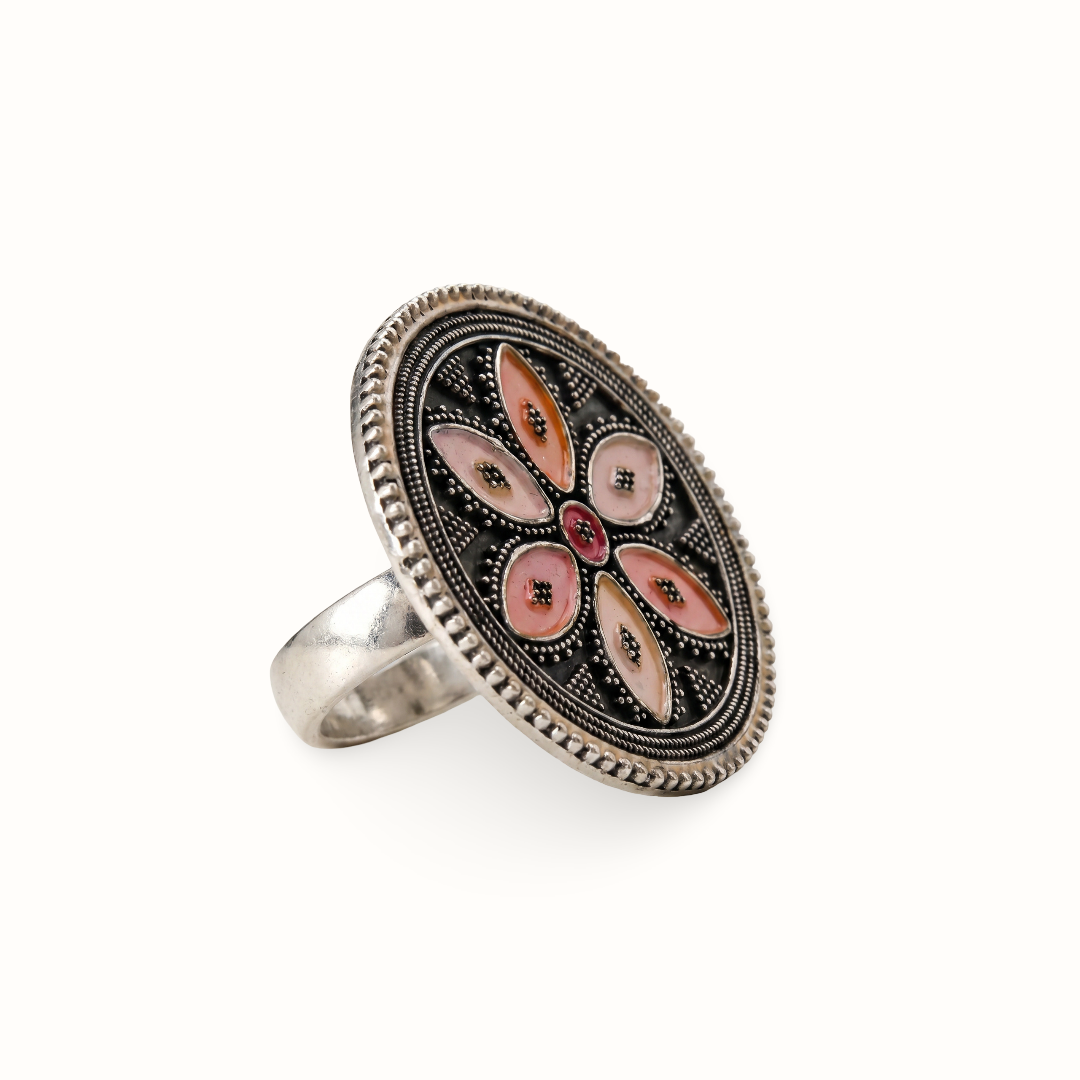 Fully Bloomed — Meenakari Floral Ring in Oxidised Silver
