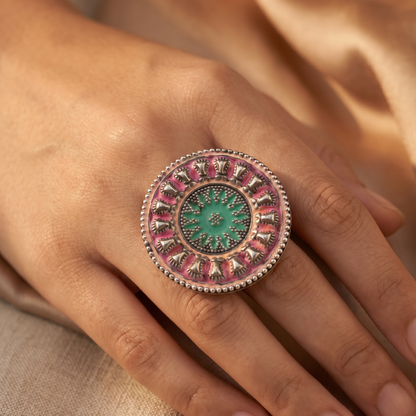 Loud and Round — Meenakari Disc Ring in Oxidised Silver
