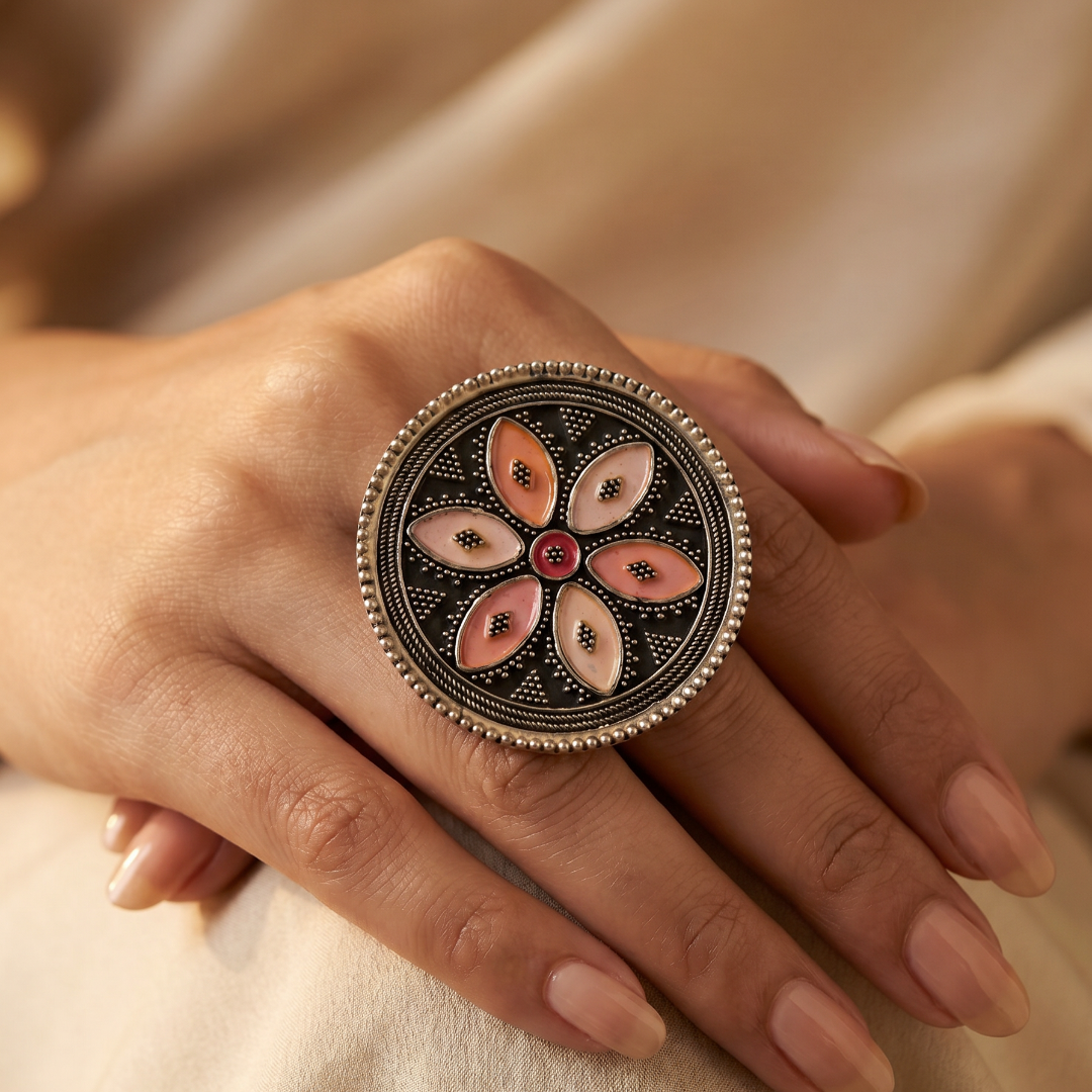 Fully Bloomed — Meenakari Floral Ring in Oxidised Silver