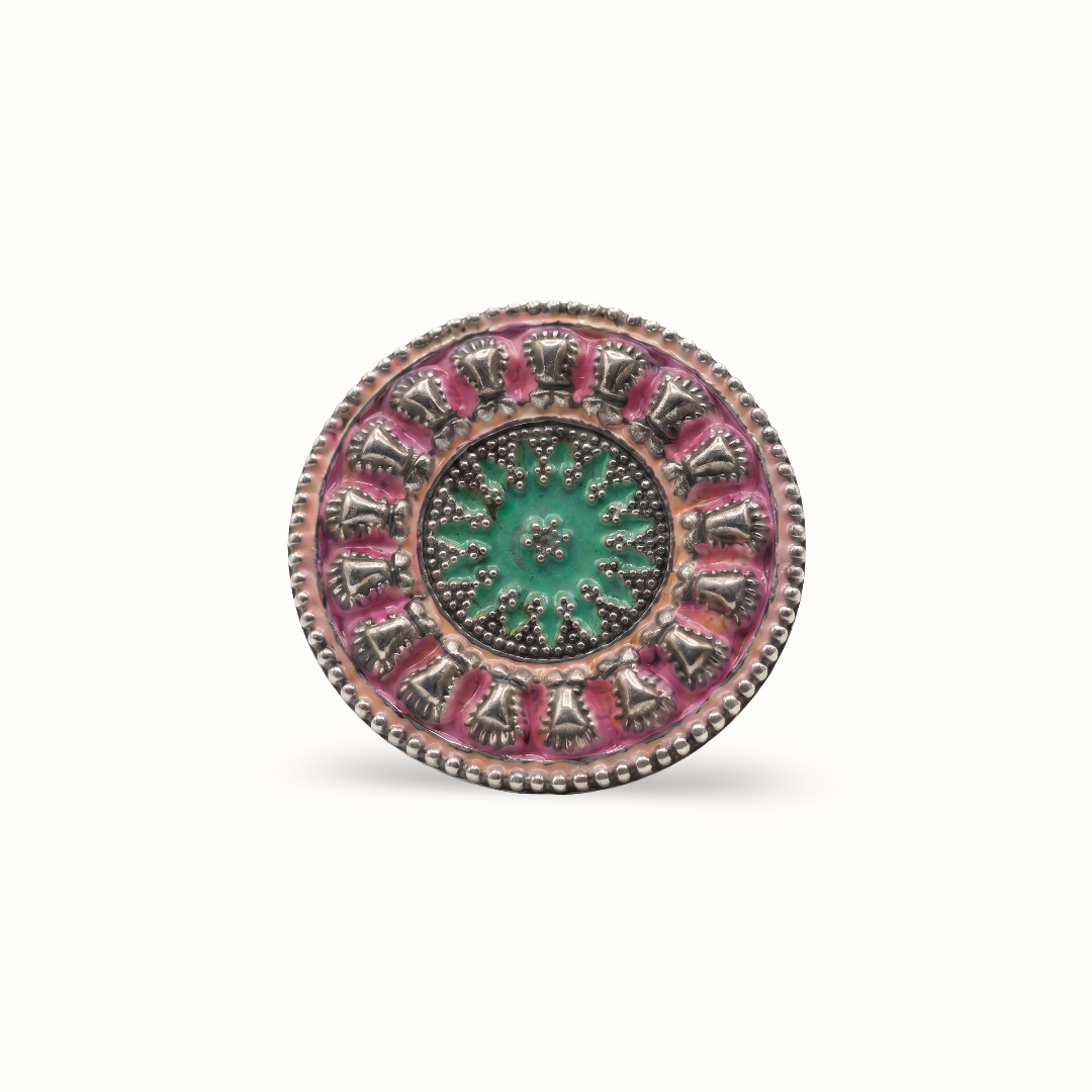 Loud and Round — Meenakari Disc Ring in Oxidised Silver