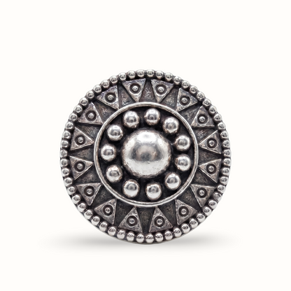 Face of the Sun — Tribal Disc Ring in Oxidised Silver