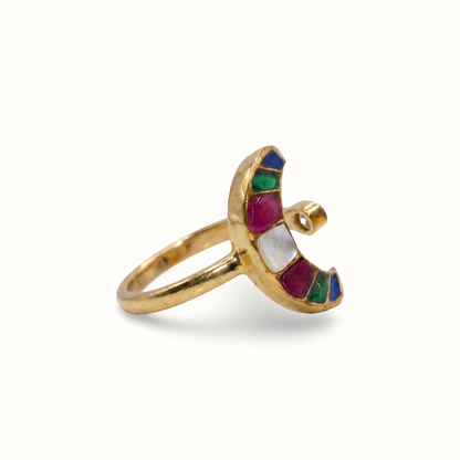 Chand Se Yaar — Navratna Crescent Ring in Gold Plated Silver