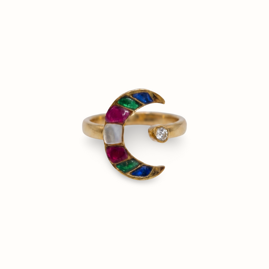 Chand Se Yaar — Navratna Crescent Ring in Gold Plated Silver