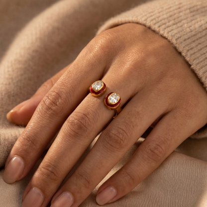 Two of a Kind — Double Kundan Meenakari Open Ring in Gold Plated Silver