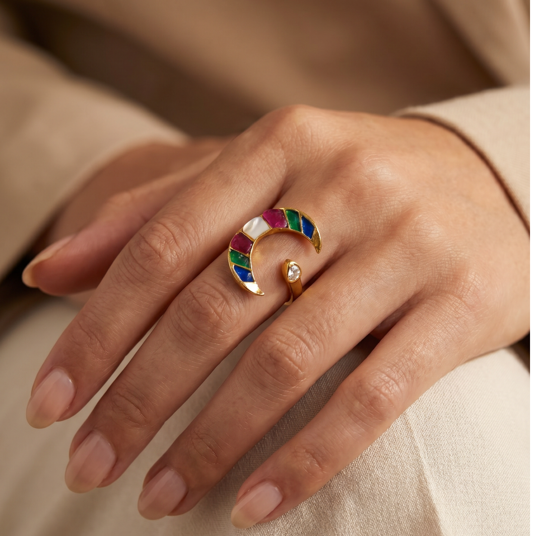 Chand Se Yaar — Navratna Crescent Ring in Gold Plated Silver